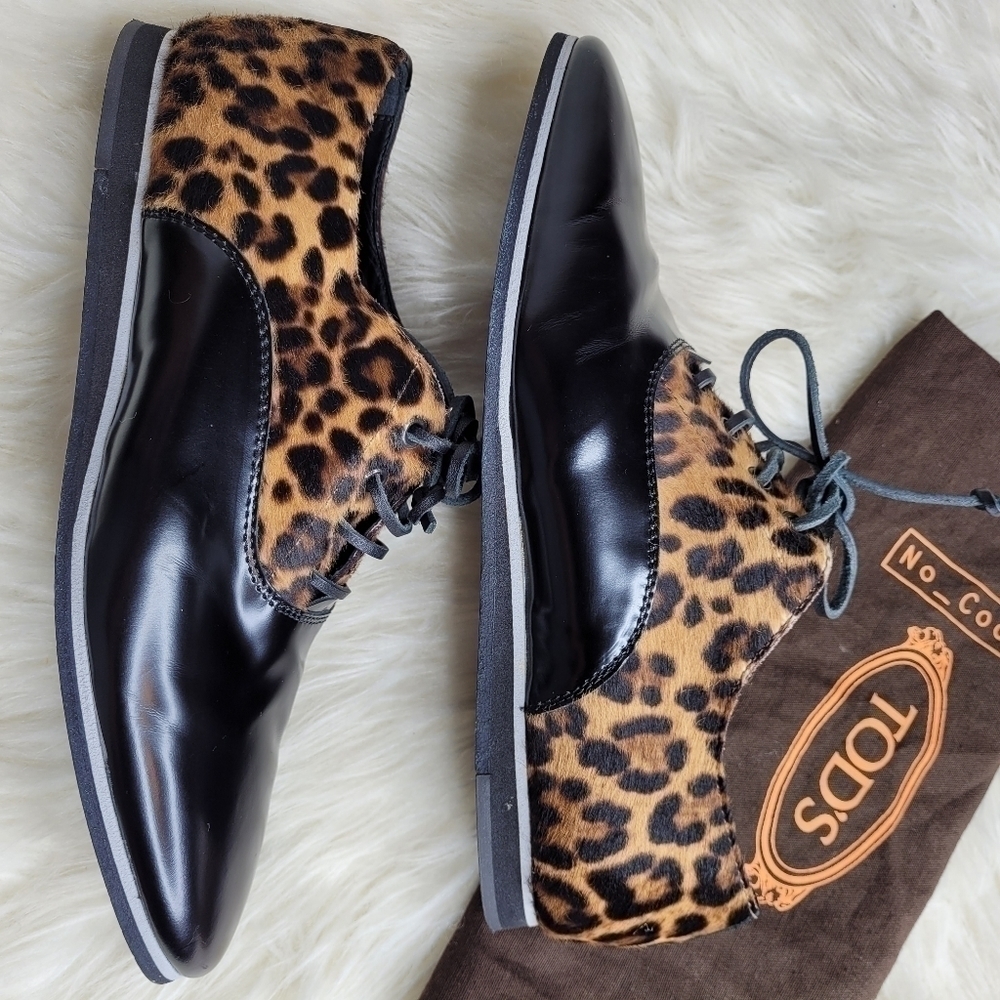Tod's Leather Calf Hair Leopard Oxford Shoes
